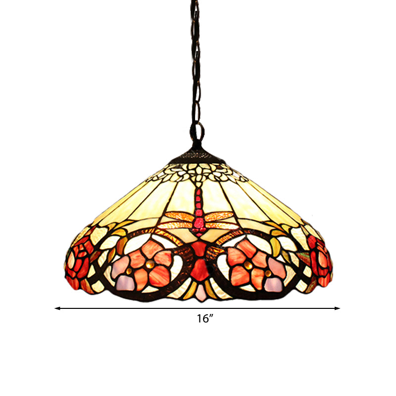 Baroque Beige Pendant Lighting with Stained Glass Shade for Bedroom - 1 Bulb