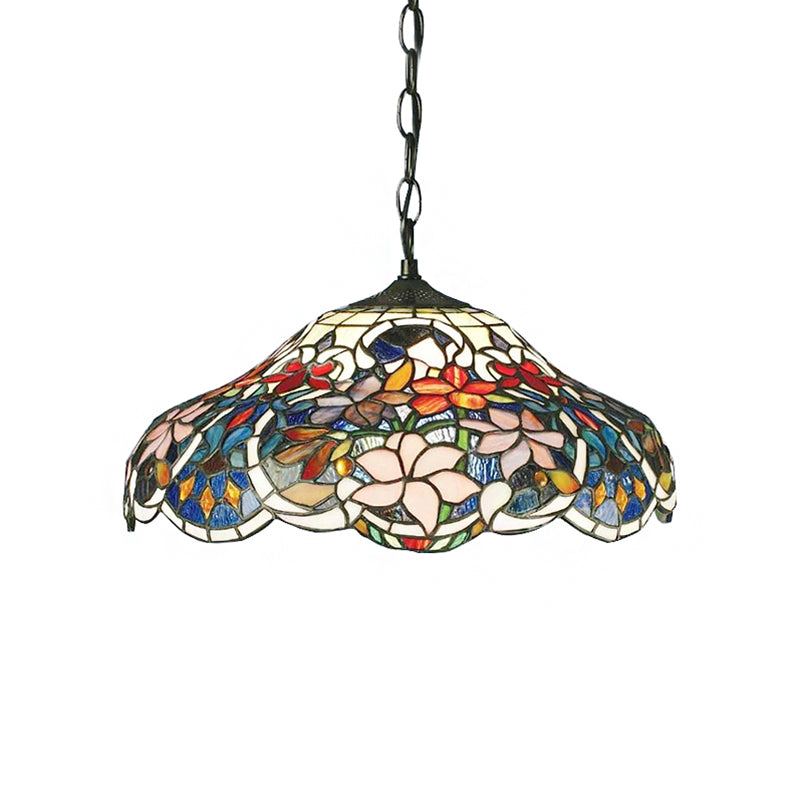 Tiffany-Style Floral Hanging Light: Stained Glass Pendant With Adjustable Metal Chain - Black 1 Bulb