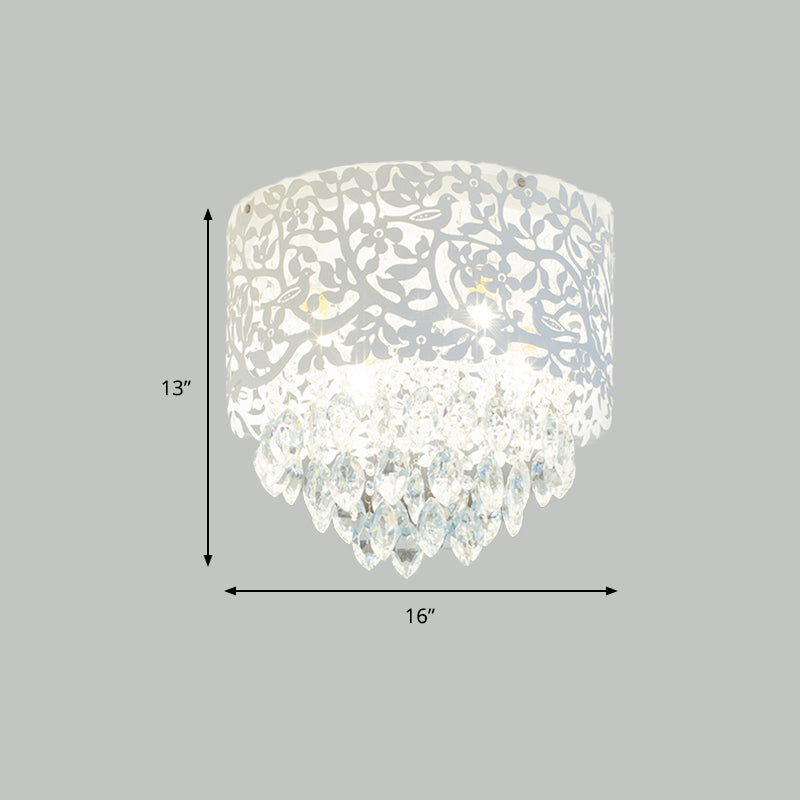 Crystal Leaf Metal Flush Mount Ceiling Light for Girls' Bedroom in White