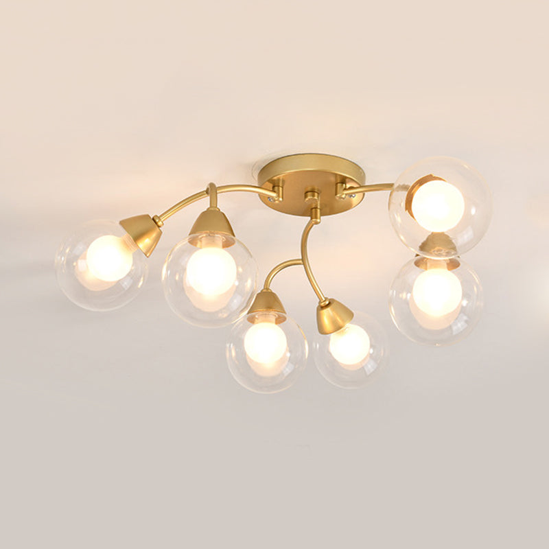 Modern Gold LED Semi Flush Ceiling Light with Clear Glass Sphere Shades - 6/12-Light Bedroom Semi Flush