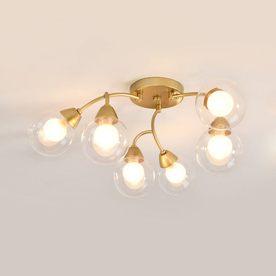 Modern Gold LED Semi Flush Ceiling Light with Clear Glass Sphere Shades - 6/12-Light Bedroom Semi Flush