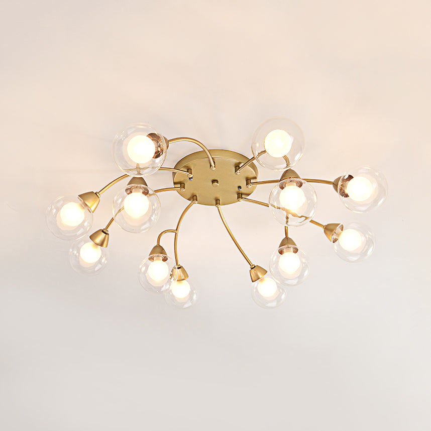 Modern Gold LED Semi Flush Ceiling Light with Clear Glass Sphere Shades - 6/12-Light Bedroom Semi Flush