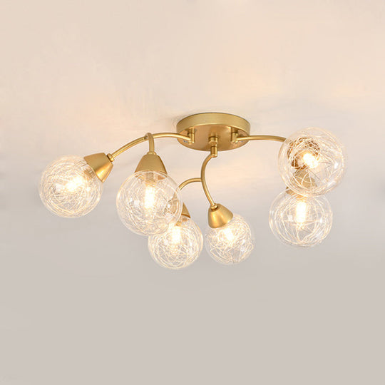 Modern Gold LED Semi Flush Ceiling Light with Clear Glass Sphere Shades - 6/12-Light Bedroom Semi Flush