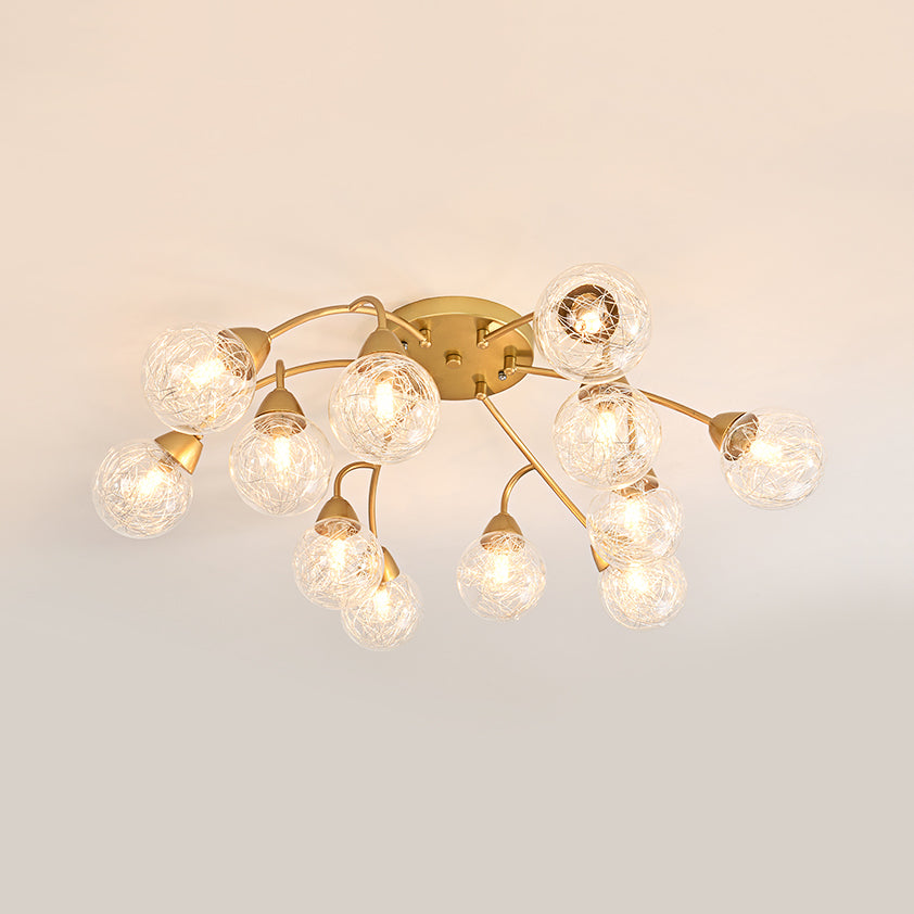 Modern Gold LED Semi Flush Ceiling Light with Clear Glass Sphere Shades - 6/12-Light Bedroom Semi Flush