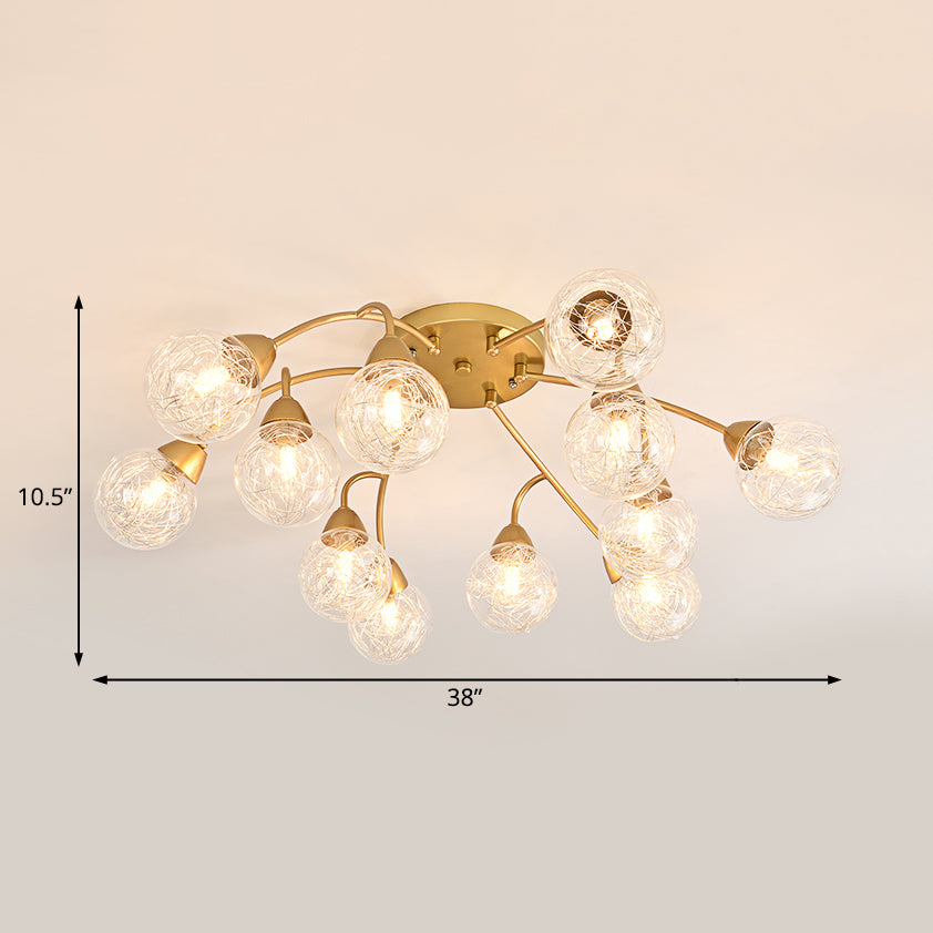 Modern Gold LED Semi Flush Ceiling Light with Clear Glass Sphere Shades - 6/12-Light Bedroom Semi Flush