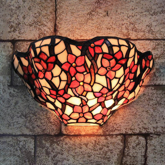 Stained Glass Tiffany Rustic Wall Sconce: Floral Front Door Light In Black & Red