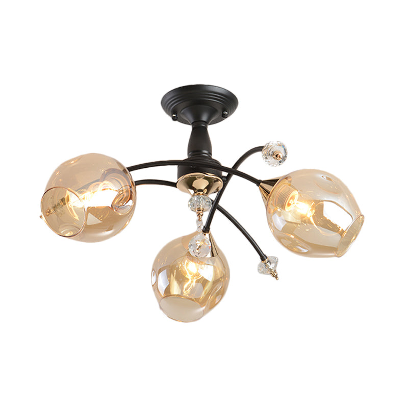 Black Led Semi Flush Ceiling Fixture With Amber/Blue Cup Shape Glass Shades - Modernist Bedroom