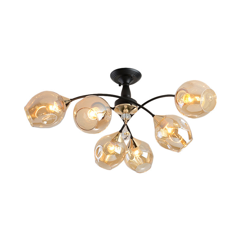 Black Led Semi Flush Ceiling Fixture With Amber/Blue Cup Shape Glass Shades - Modernist Bedroom