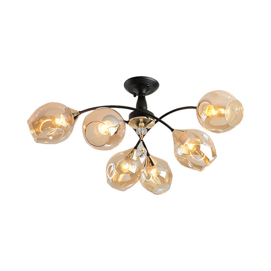 Black Led Semi Flush Ceiling Fixture With Amber/Blue Cup Shape Glass Shades - Modernist Bedroom