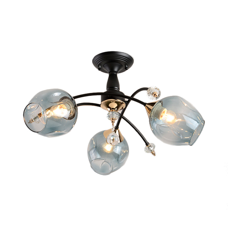 Semi Flush Mount Bedroom Light with Amber/Blue Glass Shade - Modernist Black LED Ceiling Fixture with Cup Shape