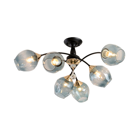 Semi Flush Mount Bedroom Light with Amber/Blue Glass Shade - Modernist Black LED Ceiling Fixture with Cup Shape