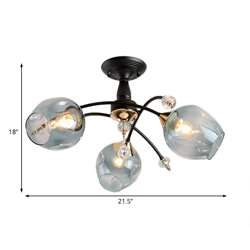 Semi Flush Mount Bedroom Light with Amber/Blue Glass Shade - Modernist Black LED Ceiling Fixture with Cup Shape