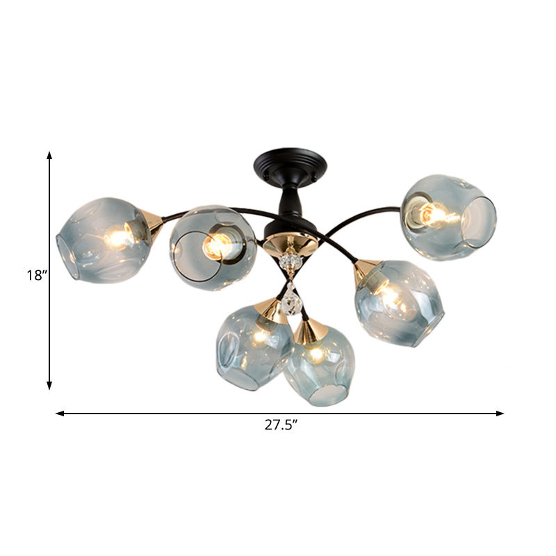 Semi Flush Mount Bedroom Light with Amber/Blue Glass Shade - Modernist Black LED Ceiling Fixture with Cup Shape