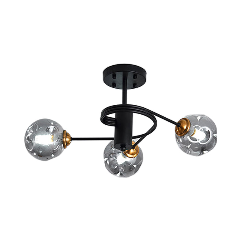 Modernist Black Semi Flush Ceiling Light With 3/5 Ball Amber/Smoke Blown Glass Shades