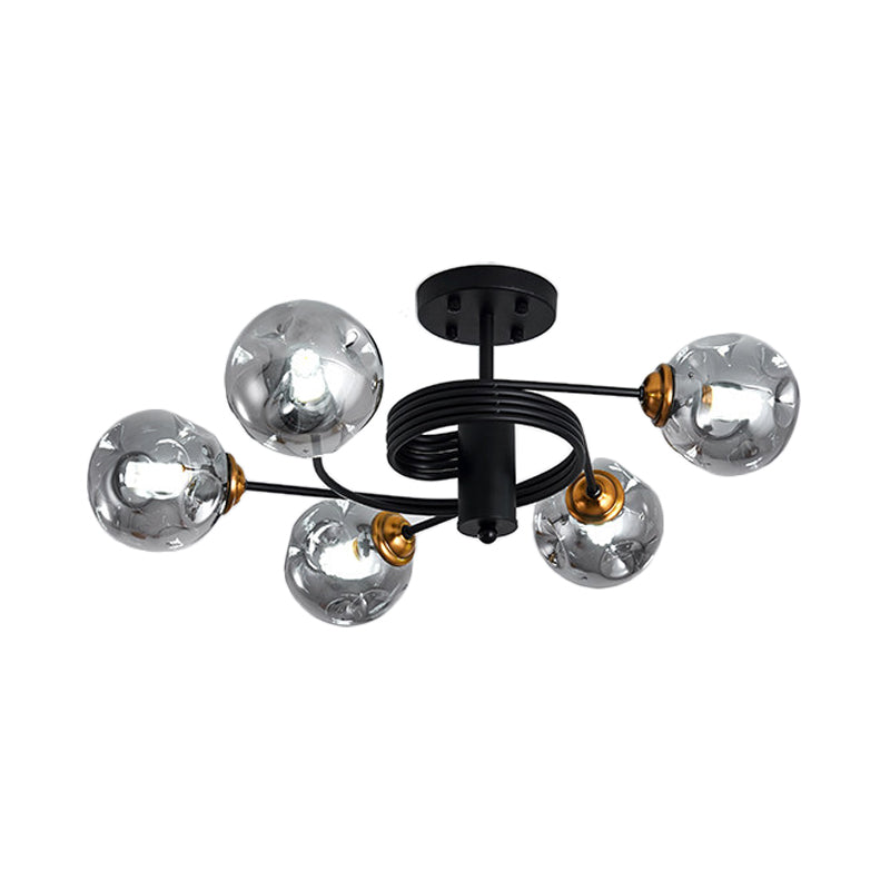 Modernist Black Semi Flush Ceiling Light With 3/5 Ball Amber/Smoke Blown Glass Shades