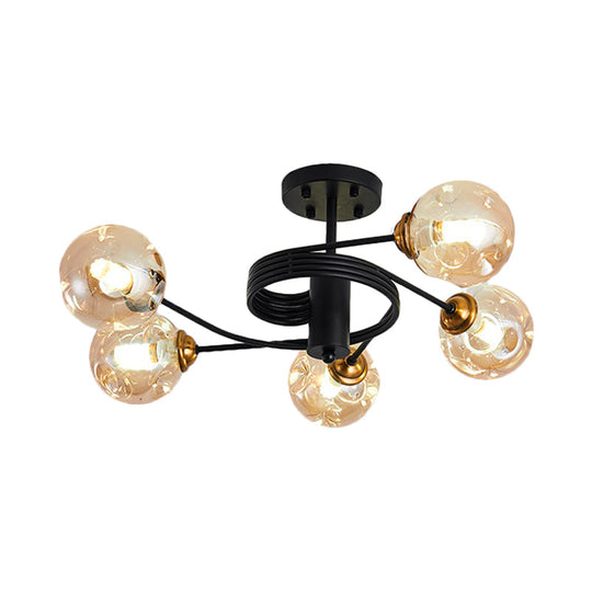 Modernist Black Semi Flush Ceiling Light With 3/5 Ball Amber/Smoke Blown Glass Shades