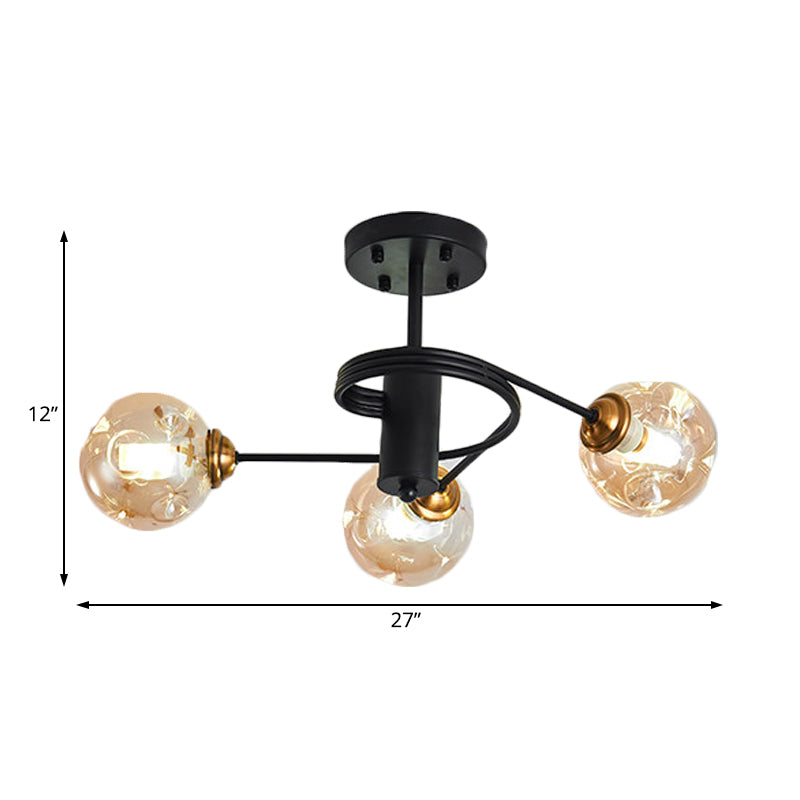 Modernist Black Semi Flush Ceiling Light With 3/5 Ball Amber/Smoke Blown Glass Shades