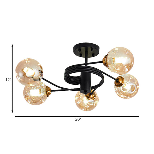 Modernist Black Semi Flush Ceiling Light With 3/5 Ball Amber/Smoke Blown Glass Shades