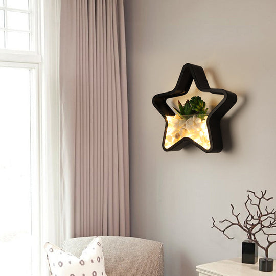 Modern Black Metal Stone Sconce Light With Fake Succulent For Bedroom / Star