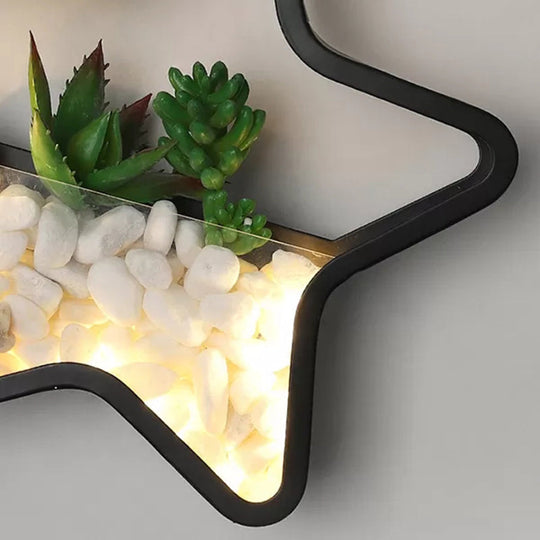 Modern Black Metal Stone Sconce Light With Fake Succulent For Bedroom