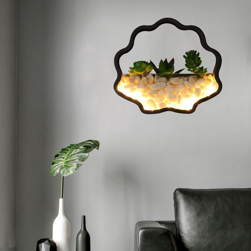 Modern Black Metal Stone Sconce Light With Fake Succulent For Bedroom / Wavy