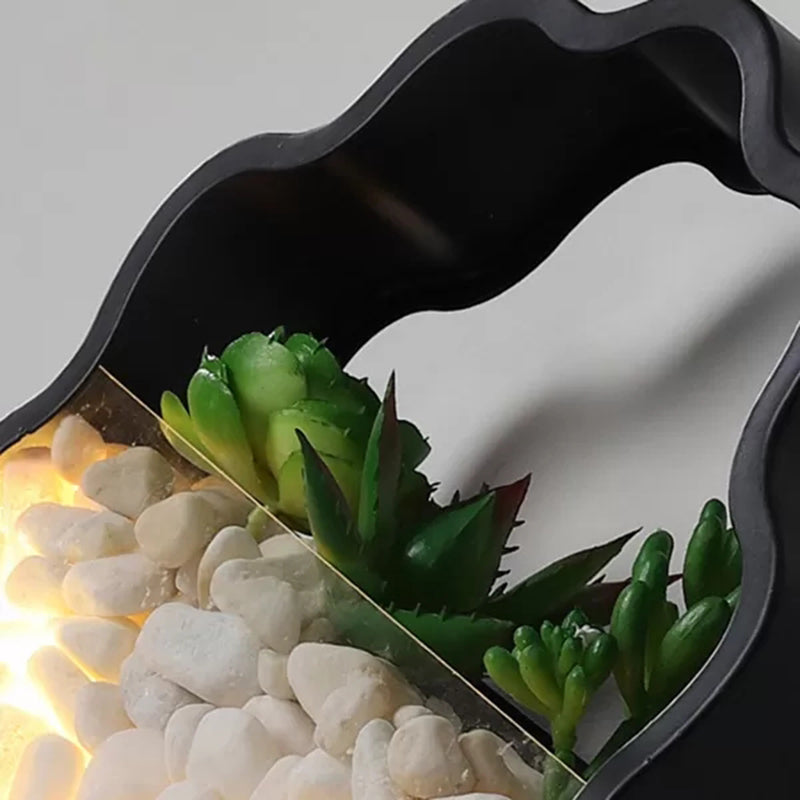 Modern Black Metal Stone Sconce Light With Fake Succulent For Bedroom