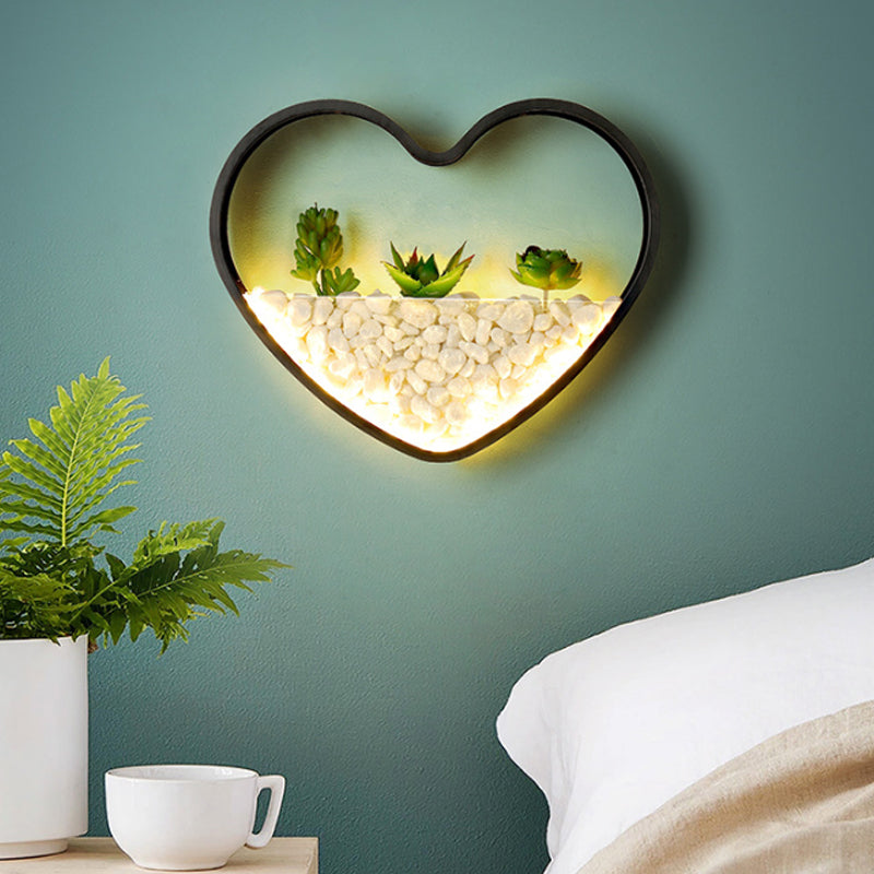 Modern Black Metal Stone Sconce Light With Fake Succulent For Bedroom / Loving Heart