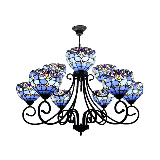 Victorian Stained Glass Chandelier - Multi-Head Tiffany Ornate Design In Brown/Blue For Hotels