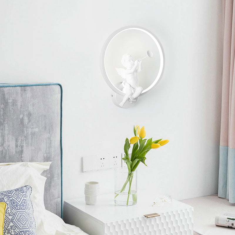 Contemporary Led White Wall Sconce With Angelic Boy Ring Design For Stairs