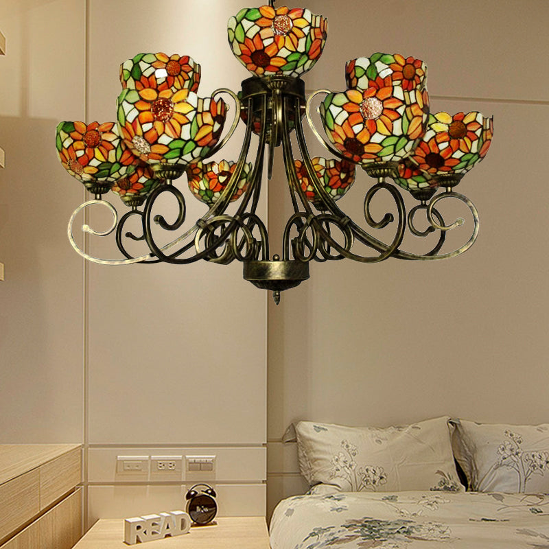 Sunflower Chandelier Tiffany Suspension Light In Antique Bronze For Villa / Dome