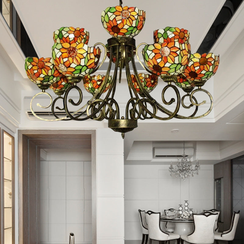 Sunflower Stained Glass Chandelier - Exquisite Tiffany Suspension Light in Antique Bronze | Ideal for Villas