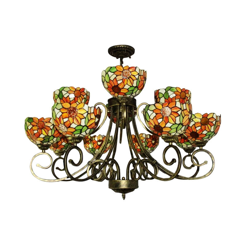 Sunflower Stained Glass Chandelier - Exquisite Tiffany Suspension Light in Antique Bronze | Ideal for Villas