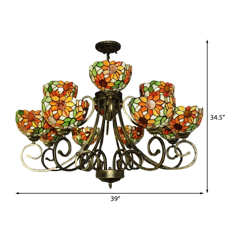 Sunflower Stained Glass Chandelier - Exquisite Tiffany Suspension Light in Antique Bronze | Ideal for Villas