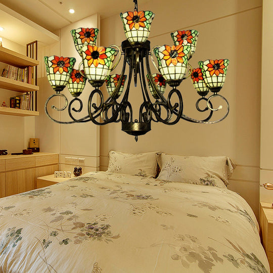 Sunflower Stained Glass Chandelier - Exquisite Tiffany Suspension Light in Antique Bronze | Ideal for Villas