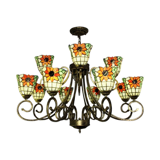 Sunflower Stained Glass Chandelier - Exquisite Tiffany Suspension Light in Antique Bronze | Ideal for Villas