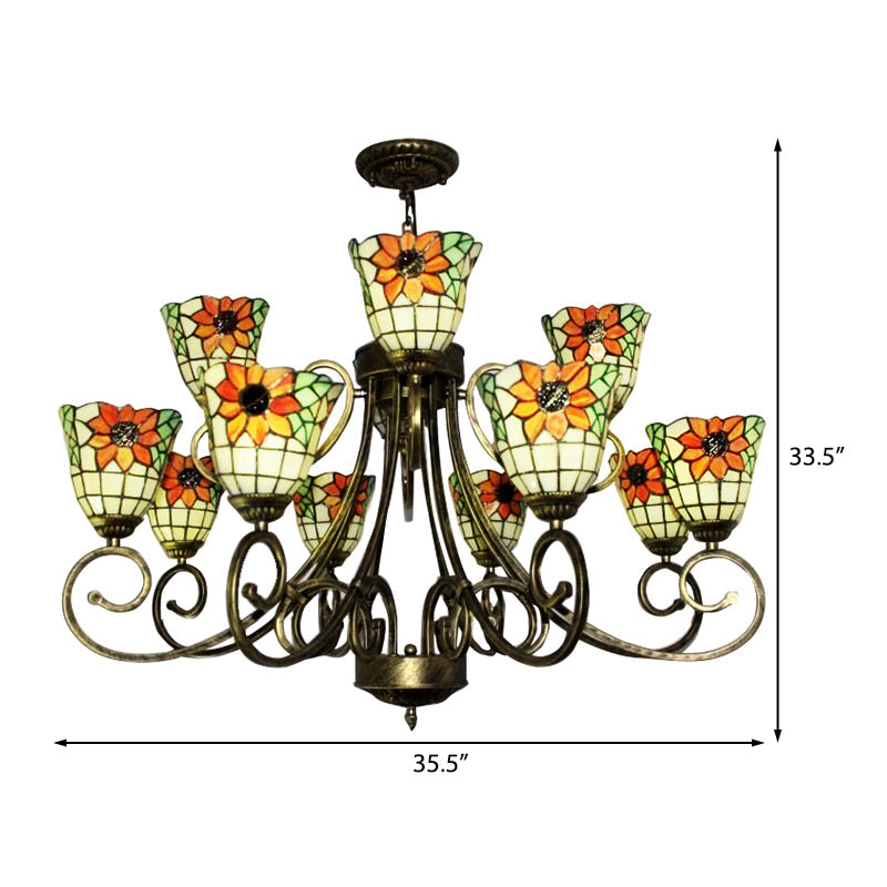 Sunflower Stained Glass Chandelier - Exquisite Tiffany Suspension Light in Antique Bronze | Ideal for Villas