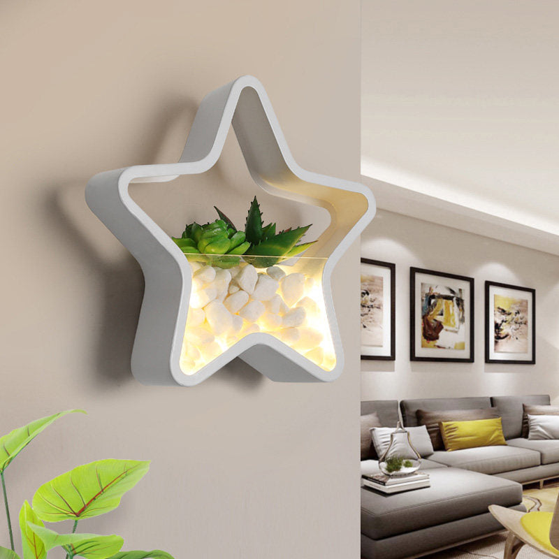 Contemporary White Metal Stone Sconce Lamp For Childs Bedroom With Fake Succulent Wall Light / Star