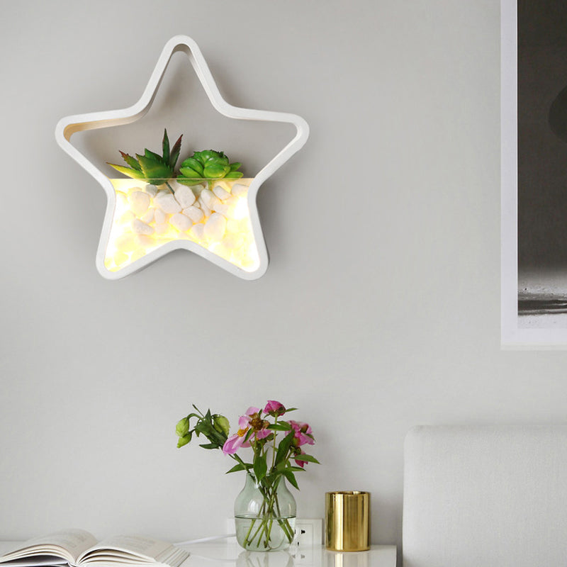 Contemporary White Metal Stone Sconce Lamp For Childs Bedroom With Fake Succulent Wall Light