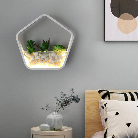 Contemporary White Metal Stone Sconce Lamp For Childs Bedroom With Fake Succulent Wall Light /