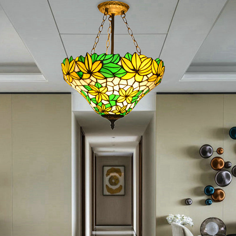 Yellow Rustic Floral Chandelier Pendant Light For Kindergarten With Stained Glass