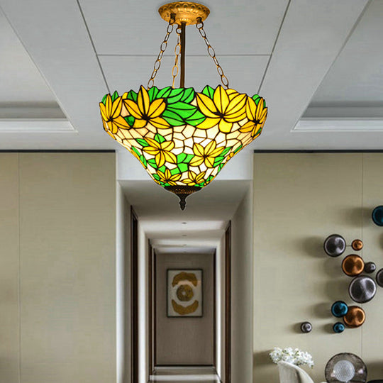 Yellow Rustic Floral Chandelier Pendant Light For Kindergarten With Stained Glass