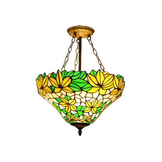 Yellow Rustic Floral Chandelier Pendant Light For Kindergarten With Stained Glass