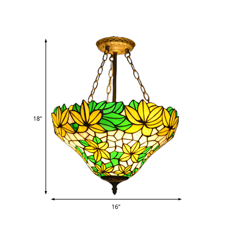 Yellow Rustic Floral Chandelier Pendant Light For Kindergarten With Stained Glass