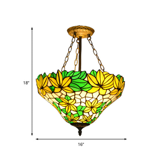 Yellow Rustic Floral Chandelier Pendant Light For Kindergarten With Stained Glass