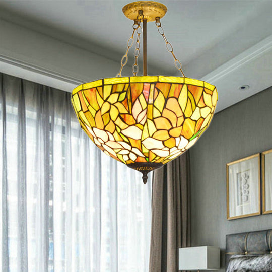 Stylish Tiffany Petal Ceiling Pendant Chandelier - Stained Glass, Vibrant Yellow - Ideal for Dining Room