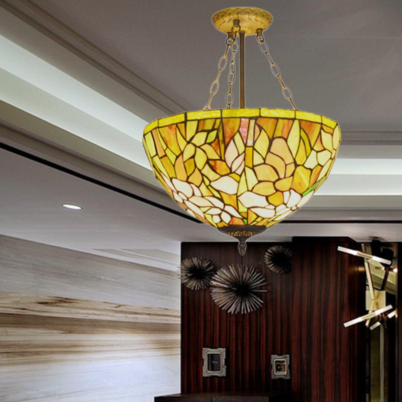 Stylish Tiffany Yellow Stained Glass Petal Pendant Chandelier For Dining Room