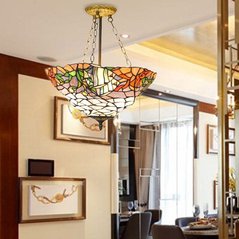 Rustic Tiffany-Style Chandelier: White & Orange Stained Glass Pendant Light For Restaurants