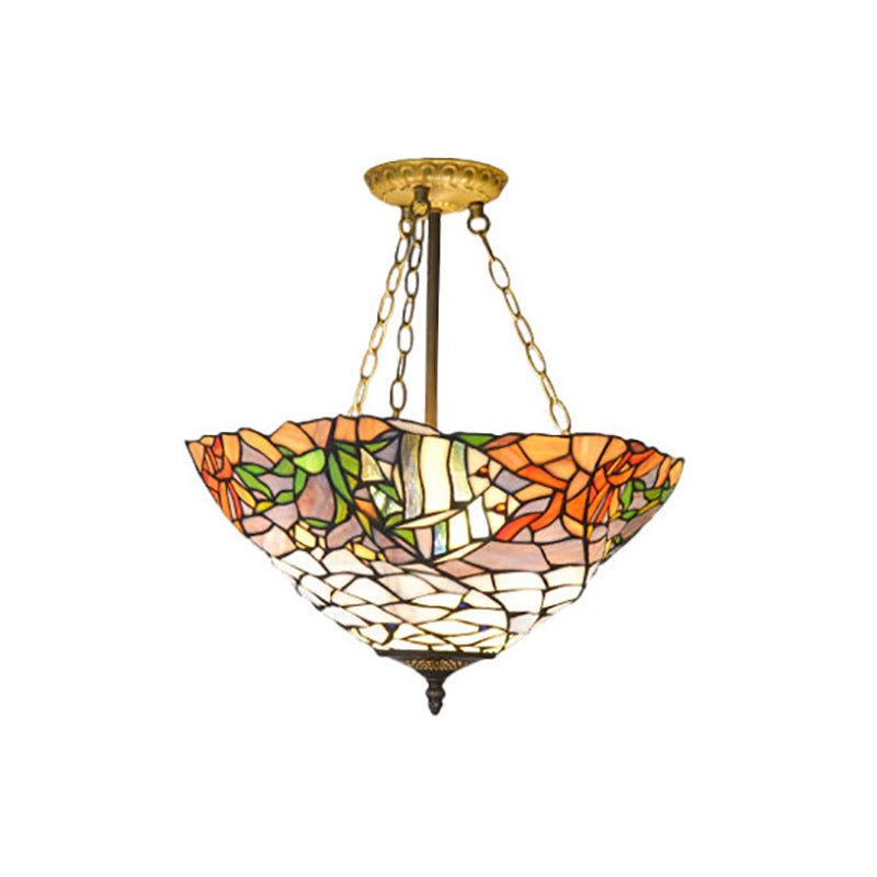 Rustic Tiffany-Style Chandelier: White & Orange Stained Glass Pendant Light For Restaurants