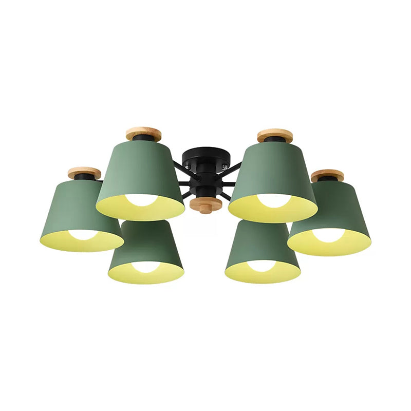 Macaron Metal Semi Flushmount Light - 6 Heads Bucket Ceiling For Kindergarten And Lofts