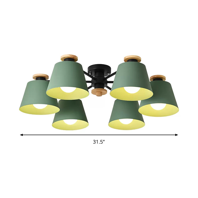 Macaron Metal Semi Flushmount Light - 6 Heads Bucket Ceiling For Kindergarten And Lofts